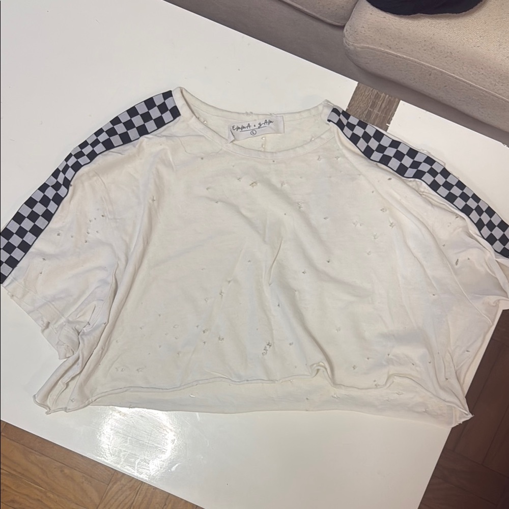 Emma & Sam Boxy White Crop Top with Checkered Sleeves